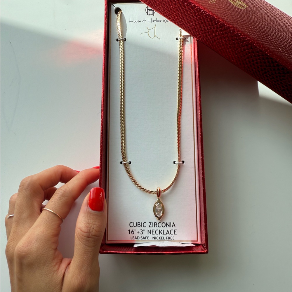 House of Harlow 1960 Gold Necklace Marquise Diamond Drop Bezel Pendant Brand New
